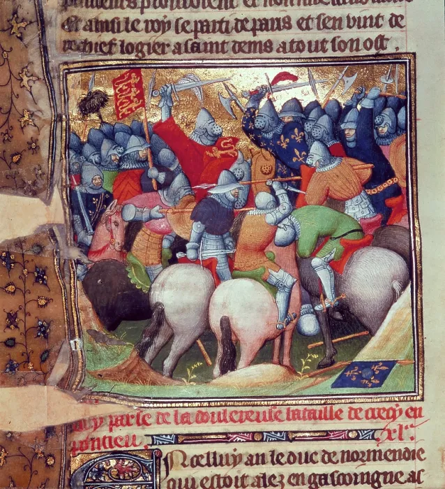Framed Print : Scene from the Battle of Crecy, 1346, (c1346-c1400). Creator: Workshop of the Boucicaut Master Framed Print : Scene from the Battle of Crecy, 1346, (c1346-c1400). Creator: Workshop of the Boucicaut Master