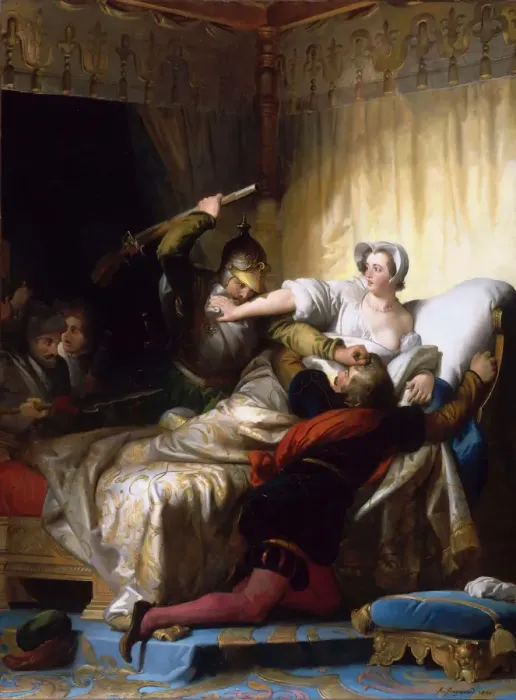 Framed Print : Scene in the bedroom of Marguerite de Valois during the St. Bartholomews Day massacre, 1836 Framed Print : Scene in the bedroom of Marguerite de Valois during the St. Bartholomews Day massacre, 1836