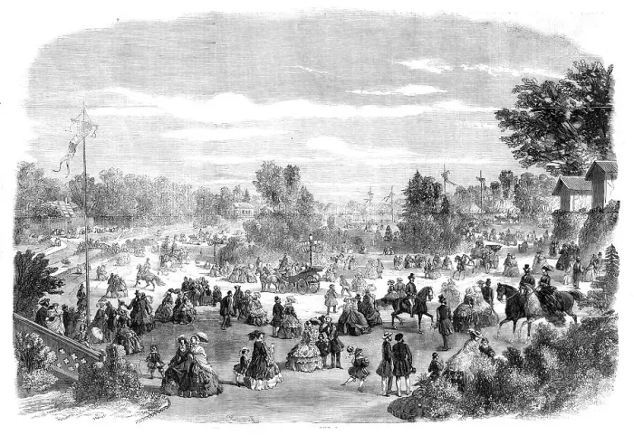 Framed Print : A scene in the Bois de Boulogne, Paris - the Pré Catelan, 1860. Creator: Unknown Framed Print : A scene in the Bois de Boulogne, Paris - the Pré Catelan, 1860. Creator: Unknown