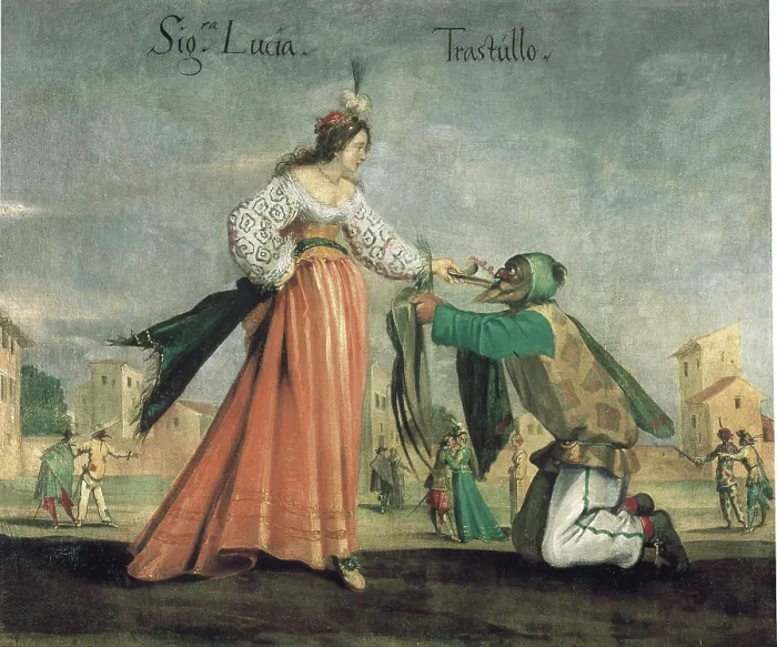 Framed Print : Scene from the Commedia dell'Arte: Signora Lucia and Trastullo. Creator: Anonymous. Scene from the Commedia dell'Arte: Signora Lucia and Trastullo. Creator: Anonymous Framed Print : Scene from the Commedia dell'Arte: Signora Lucia and Trastullo. Creator: Anonymous. Scene from the Commedia dell'Arte: Signora Lucia and Trastullo. Creator: Anonymous