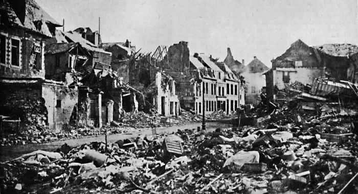 Framed Print : A Scene of Desolation. - A Street in Peronne, 1919. Artist: War Office Framed Print : A Scene of Desolation. - A Street in Peronne, 1919. Artist: War Office