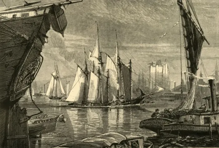 Framed Print : Scene on the East River, 1874. Creator: Harry Fenn Framed Print : Scene on the East River, 1874. Creator: Harry Fenn