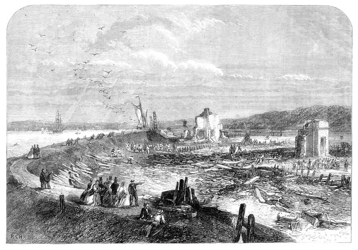 Framed Print : Scene of the explosion of gunpowder magazines near Erith, 1864. Creator: Unknown Framed Print : Scene of the explosion of gunpowder magazines near Erith, 1864. Creator: Unknown