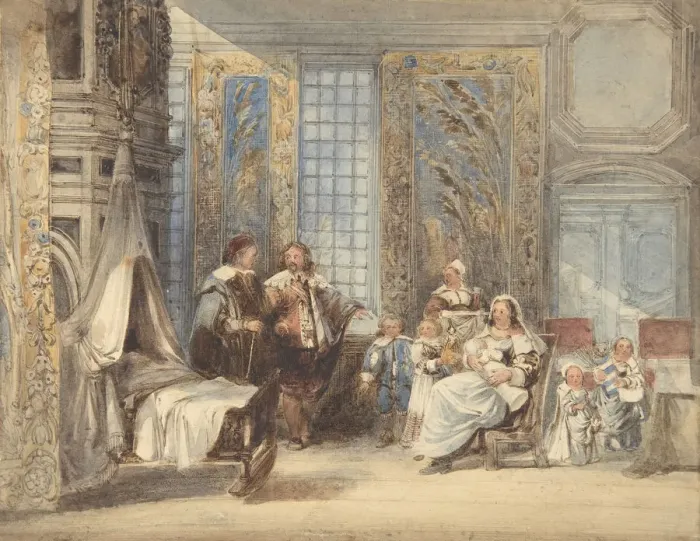 Framed Print : Scene with Family and Guest in Seventeenth-century Interior, 1825-78 Framed Print : Scene with Family and Guest in Seventeenth-century Interior, 1825-78