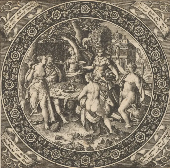 Framed Print : Scene with a Feast of Love in a Circle at Center, 1580-1600. Creator: Theodore de Bry Framed Print : Scene with a Feast of Love in a Circle at Center, 1580-1600. Creator: Theodore de Bry
