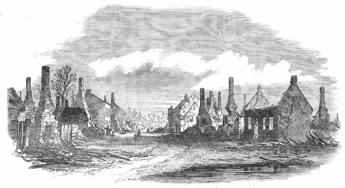 Framed Print : Scene of the Fire at Cottenham - sketched from Lambs Corner, 1850. Creator: Unknown Framed Print : Scene of the Fire at Cottenham - sketched from Lambs Corner, 1850. Creator: Unknown