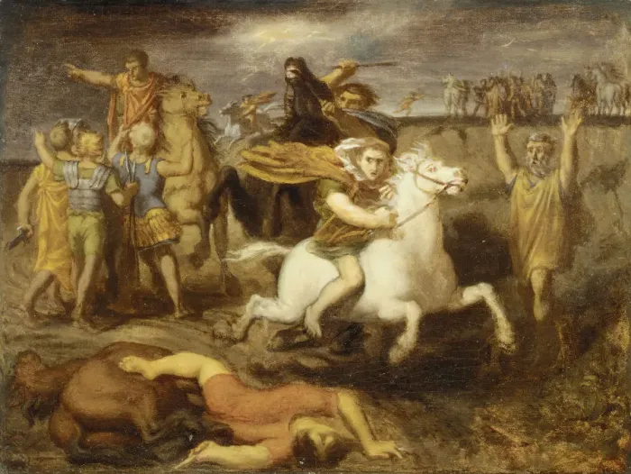 Framed Print : Scene from the Gallic Wars: The Gaul Littavicus, Betraying the Roman Cause, Flees to Framed Print : Scene from the Gallic Wars: The Gaul Littavicus, Betraying the Roman Cause, Flees to