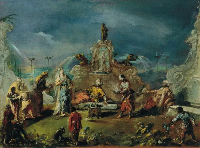 Framed Print : Scene in the Garden of a Serraglio, ca 1743. Artist: Guardi, Giovanni Antonio (1699-1760) Framed Print : Scene in the Garden of a Serraglio, ca 1743. Artist: Guardi, Giovanni Antonio (1699-1760)