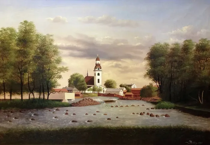 Framed Print : Scene in Gavle with Gavlean, Kallbadhus and Holy Trinity Church, 1890. Creator: Unknown Framed Print : Scene in Gavle with Gavlean, Kallbadhus and Holy Trinity Church, 1890. Creator: Unknown