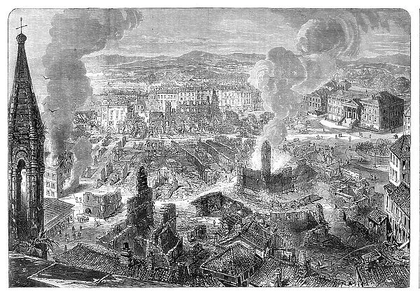 Scene of the Great Fire at Limoges, France - from a sketch by our special artist, 1864. Creator: Smyth