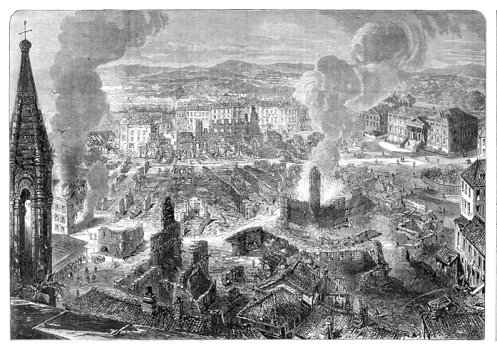 Framed Print : Scene of the Great Fire at Limoges, France - from a sketch by our special artist, 1864. Creator: Smyth Framed Print : Scene of the Great Fire at Limoges, France - from a sketch by our special artist, 1864. Creator: Smyth