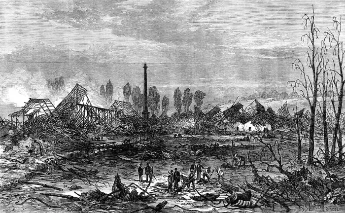 Framed Print : Scene of the gun-cotton explosion at Stowmarket, 1871. Creator: Unknown Framed Print : Scene of the gun-cotton explosion at Stowmarket, 1871. Creator: Unknown