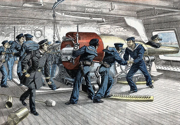 Scene on gun deck of a Japanese warship, Russo-Japanese War, 1904-5