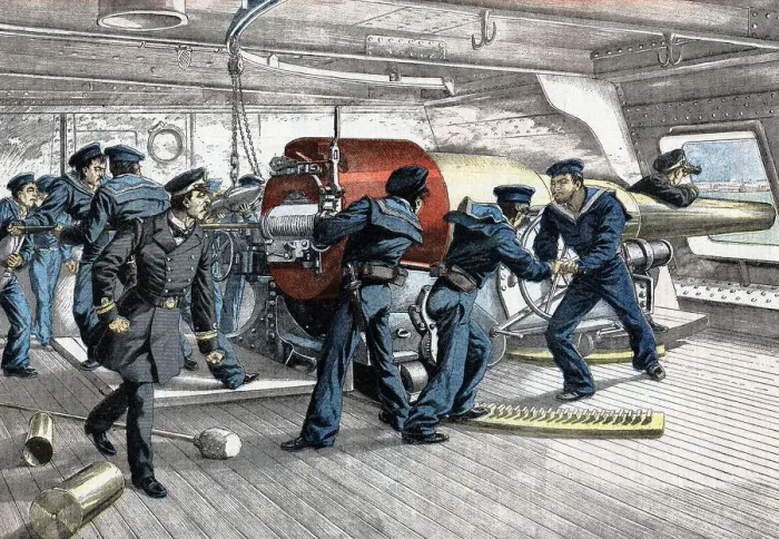 Framed Print : Scene on gun deck of a Japanese warship, Russo-Japanese War, 1904-5 Framed Print : Scene on gun deck of a Japanese warship, Russo-Japanese War, 1904-5