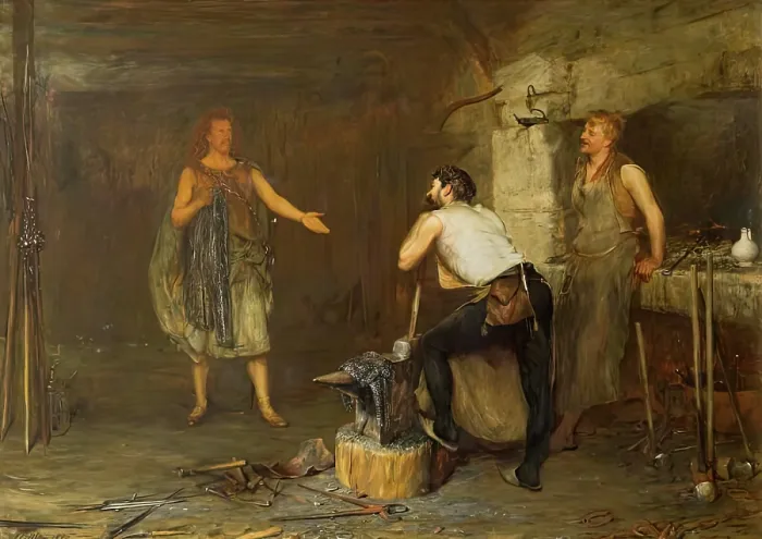 Framed Print : Scene in The Hal of the Wynd's Smithy (The Fair Maid of Perth), 1875. Creator: John Pettie. Scene in The Hal of the Wynd's Smithy (The Fair Maid of Perth), 1875 Framed Print : Scene in The Hal of the Wynd's Smithy (The Fair Maid of Perth), 1875. Creator: John Pettie. Scene in The Hal of the Wynd's Smithy (The Fair Maid of Perth), 1875