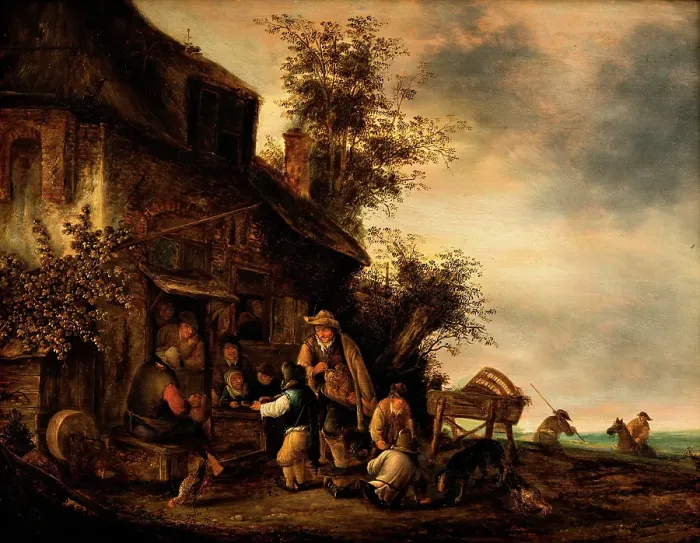 Framed Print : Scene with a hurdy-gurdy player and a boy violinist outside a tavern, 1675-1700. Creator: Gert van Hensen Framed Print : Scene with a hurdy-gurdy player and a boy violinist outside a tavern, 1675-1700. Creator: Gert van Hensen