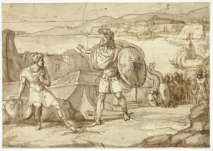 Framed Print : Scene from the Iliad: Confrontation of Two Warriors, n.d. Creators: Jacopino del Conte, Vincenzo Camuccini Framed Print : Scene from the Iliad: Confrontation of Two Warriors, n.d. Creators: Jacopino del Conte, Vincenzo Camuccini