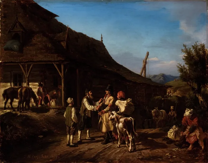 Framed Print : Scene in Front of an Inn, 1867. Creator: Wilhelm Leopolski Framed Print : Scene in Front of an Inn, 1867. Creator: Wilhelm Leopolski