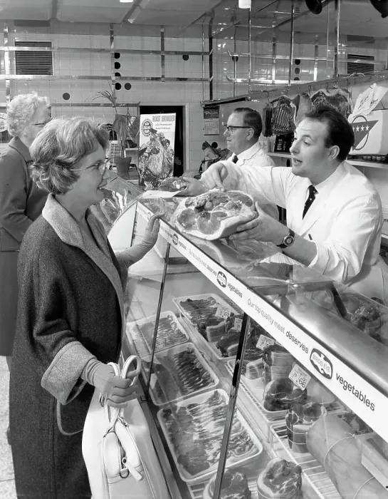 Framed Print : Scene inside a butchers shop, Doncaster, South Yorkshire, 1965. Artist: Michael Walters Framed Print : Scene inside a butchers shop, Doncaster, South Yorkshire, 1965. Artist: Michael Walters