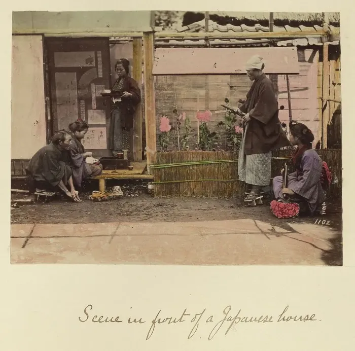 Framed Print : Scene in front of a Japanese house, about 1873-1883. Creator: Shinichi Suzuki I Framed Print : Scene in front of a Japanese house, about 1873-1883. Creator: Shinichi Suzuki I