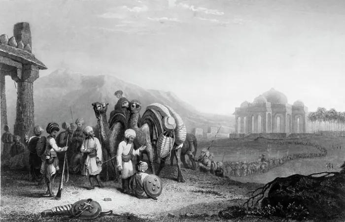 Framed Print : Scene in Katteawar. - Travellers & Escort, 1845. Creator: Samuel Prout. Scene in Katteawar. - Travellers & Escort, 1845. Creator: Samuel Prout