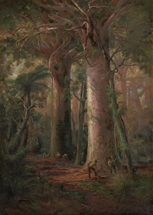 Framed Print : Scene of Kauri Bush, gumdiggers at work, 1892. Creator: Charles Blomfield Framed Print : Scene of Kauri Bush, gumdiggers at work, 1892. Creator: Charles Blomfield