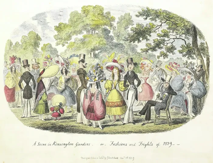 Framed Print : A scene in Kensington Gardens - or - Fashion and Frights of 1829. Creator: George Cruikshank Framed Print : A scene in Kensington Gardens - or - Fashion and Frights of 1829. Creator: George Cruikshank