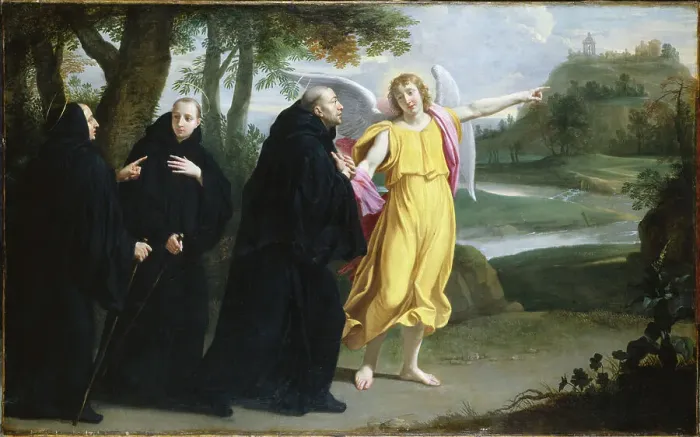 Framed Print : Scène de la vie de saint Benoît : l'ange désignant à saint Benoît l'emplacement du... c1656. Creator: Philippe de Champaigne Framed Print : Scène de la vie de saint Benoît : l'ange désignant à saint Benoît l'emplacement du... c1656. Creator: Philippe de Champaigne