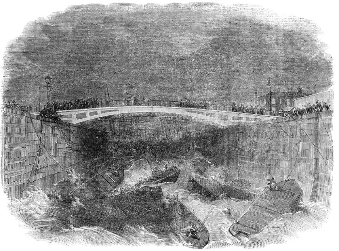 Framed Print : Scene of the Late Accident at the City Canal Dock-Gates, Blackwall Point, 1856. Creator: Unknown Framed Print : Scene of the Late Accident at the City Canal Dock-Gates, Blackwall Point, 1856. Creator: Unknown