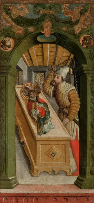 Framed Print : Scene from the Legend of St Nicholas-Jew Flogging a Figure of the Saint... 1st half of 16th cent. Creator: Unknown Framed Print : Scene from the Legend of St Nicholas-Jew Flogging a Figure of the Saint... 1st half of 16th cent. Creator: Unknown