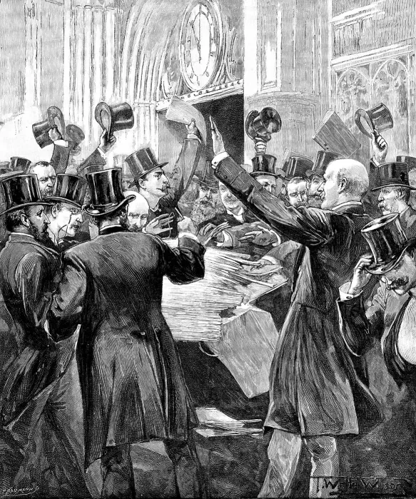 Framed Print : Scene in the Lobby, House of Commons: distributing Report of the Parnell Inquiry Commission, 1890. Creator: P Naumann Framed Print : Scene in the Lobby, House of Commons: distributing Report of the Parnell Inquiry Commission, 1890. Creator: P Naumann