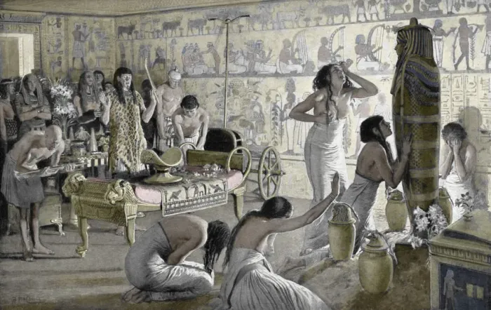 Framed Print : Scene of mourning at the funerary temple of Tutankhamun, Egypt, 1325 BC (1933-1934)