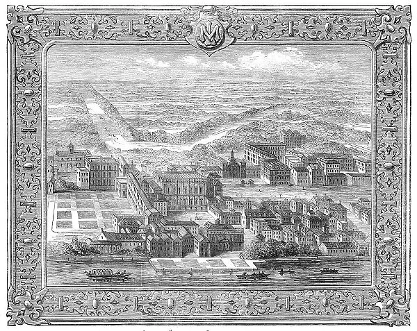 Scene from Mr. Mark Lemon's 'About London': Whitehall as it appeared before the fire of 1691, (1862) Creator: Unknown. Scene from Mr. Mark Lemon's 'About London': Whitehall as it appeared before the fire of 1691, (1862) Creator: Unknown