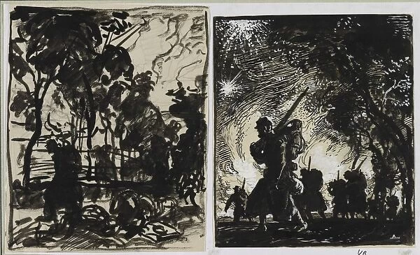 Scene nocturne; patrouille a la lisiere dun bois, 1914