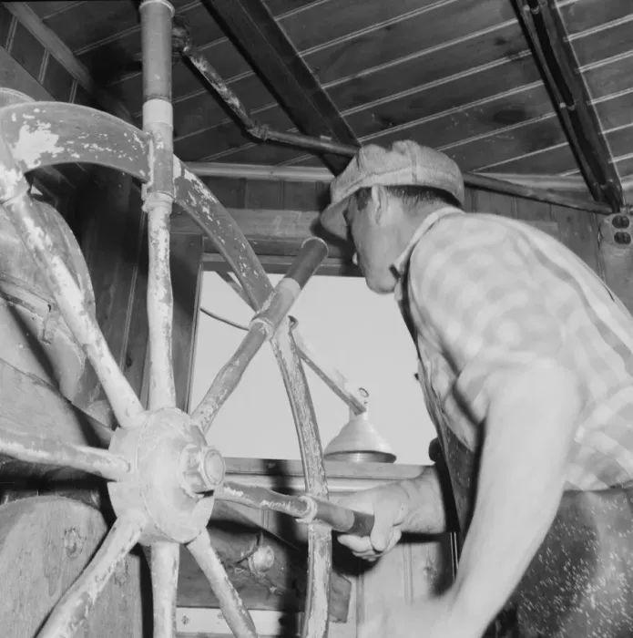 Framed Print : Scene in a pilot house during a mackeral school chase, Gloucester, Massachusetts, 1943. Creator: Gordon Parks Framed Print : Scene in a pilot house during a mackeral school chase, Gloucester, Massachusetts, 1943. Creator: Gordon Parks