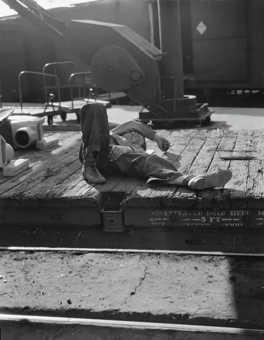 Framed Print : Scene in railroad yard, Sacramento, California, 1936. Creator: Dorothea Lange Framed Print : Scene in railroad yard, Sacramento, California, 1936. Creator: Dorothea Lange