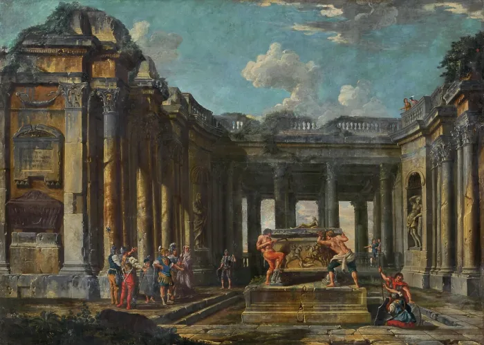 Framed Print : Scene from Roman history in antique ruins, 1730-1750. Creator: Circle of Giovanni Paolo Pannini Framed Print : Scene from Roman history in antique ruins, 1730-1750. Creator: Circle of Giovanni Paolo Pannini