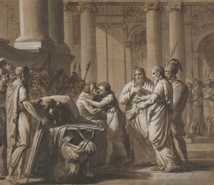 Framed Print : Scene from Roman History, depicting a Youth receiving Armor from a Dying Framed Print : Scene from Roman History, depicting a Youth receiving Armor from a Dying