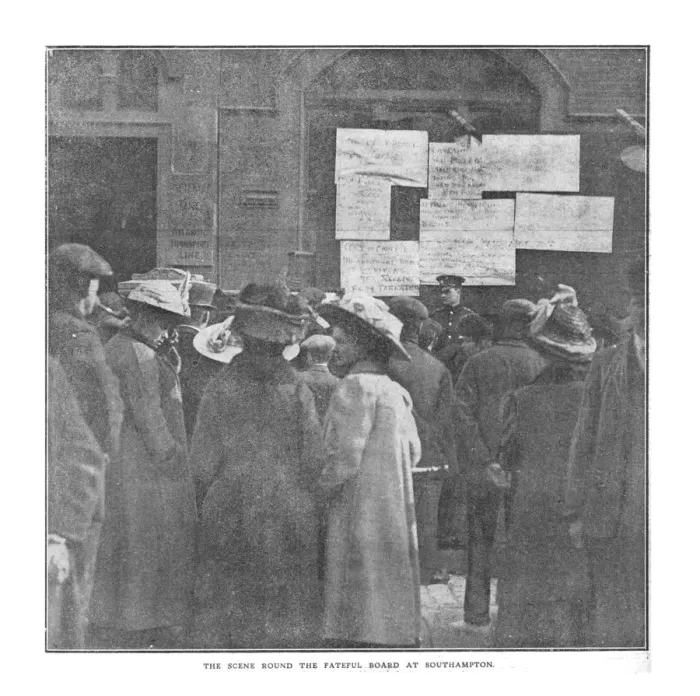 Framed Print : The Scene Round the Fateful Board at Southampton, April 20, 1912. Creator: Unknown Framed Print : The Scene Round the Fateful Board at Southampton, April 20, 1912. Creator: Unknown