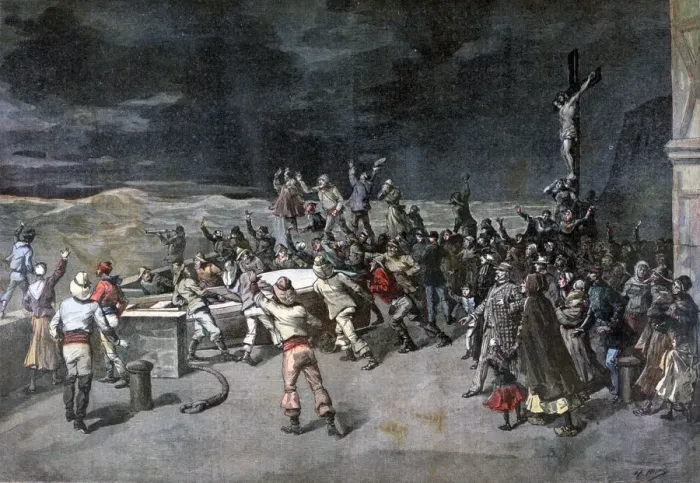 Framed Print : Scene seven, the rescue, from the play Maitre D Armes, Port of Saint-Martin, 1892. Artist: Henri Meyer Framed Print : Scene seven, the rescue, from the play Maitre D Armes, Port of Saint-Martin, 1892. Artist: Henri Meyer