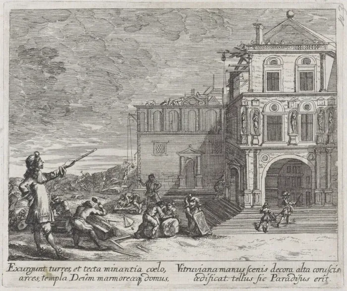 Framed Print : Scene showing the construction of a building, ca. 1670. Creator: Melchior Küsel Framed Print : Scene showing the construction of a building, ca. 1670. Creator: Melchior Küsel