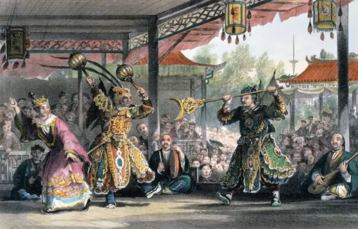 Framed Print : Scene from the Spectacle of The Sun and Moon, China, 1843. Artist: Thomas Allom Framed Print : Scene from the Spectacle of The Sun and Moon, China, 1843. Artist: Thomas Allom