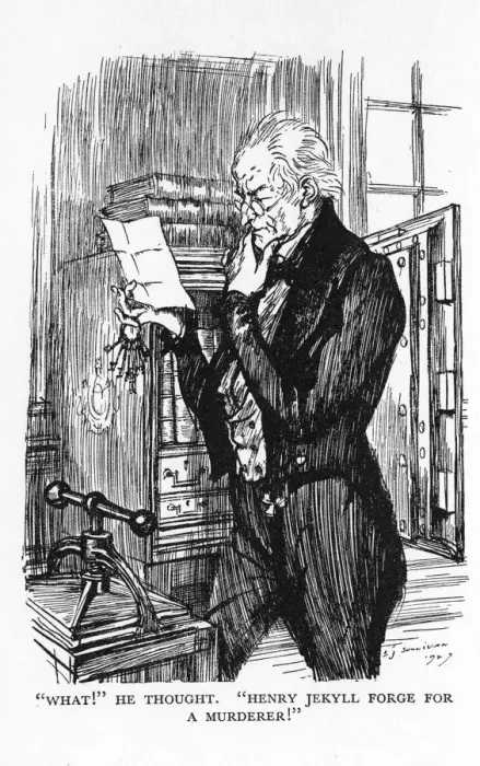 Framed Print : Scene from The Strange Case of Dr Jekyll and Mr Hyde by Robert Louis Stevenson, 1927. Artist: Edmund Joseph Sullivan Framed Print : Scene from The Strange Case of Dr Jekyll and Mr Hyde by Robert Louis Stevenson, 1927. Artist: Edmund Joseph Sullivan