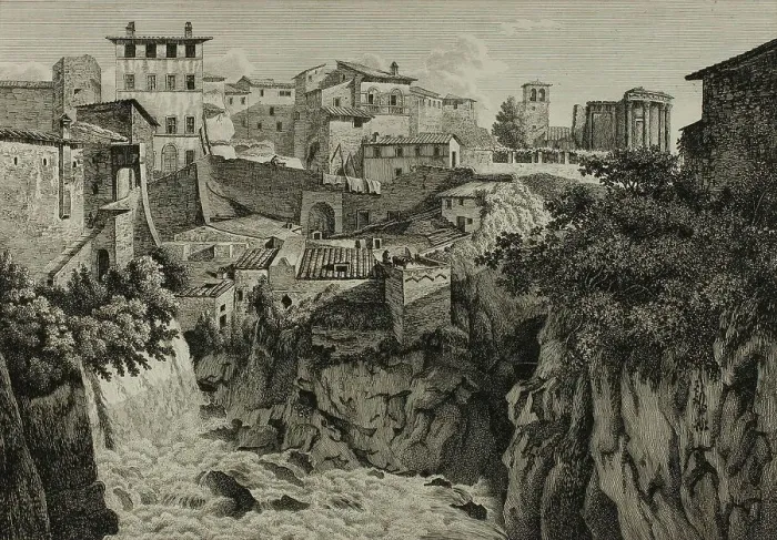Framed Print : Scene of the Temple of Vesta at Tivoli Facing the Cascades, 1795. Creator: Albert Christoph Dies