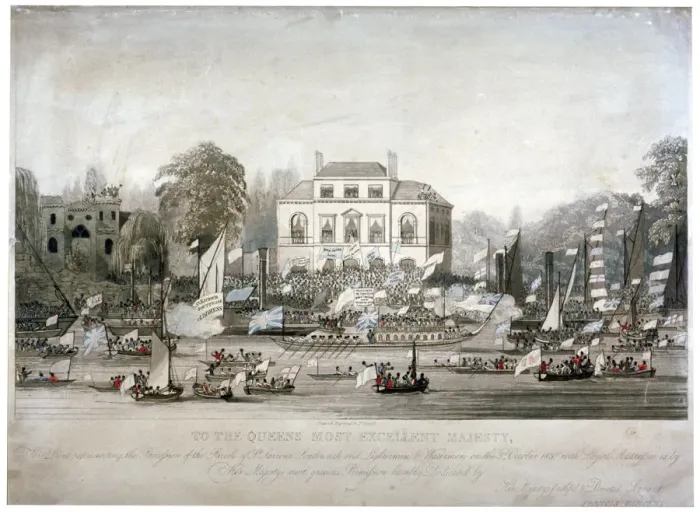 Framed Print : Scene on the Thames at Brandenburgh House, Hammersmith, London, 1820. Artist: F Vincent