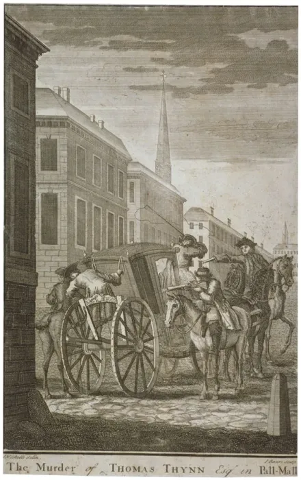 Framed Print : Scene of Thomas Thynnes murder in Pall Mall, Westminster, London, 1682 (c1775) Framed Print : Scene of Thomas Thynnes murder in Pall Mall, Westminster, London, 1682 (c1775)