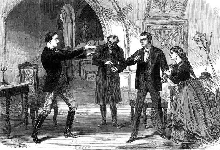 Framed Print : Scene from No Thoroughfare, at the Adelphi Theatre, 1868. Creator: Unknown Framed Print : Scene from No Thoroughfare, at the Adelphi Theatre, 1868. Creator: Unknown