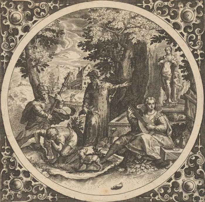 Framed Print : Scene with a Warning Against Venereal Disease in a Circle at Center, 1580-1600 Framed Print : Scene with a Warning Against Venereal Disease in a Circle at Center, 1580-1600
