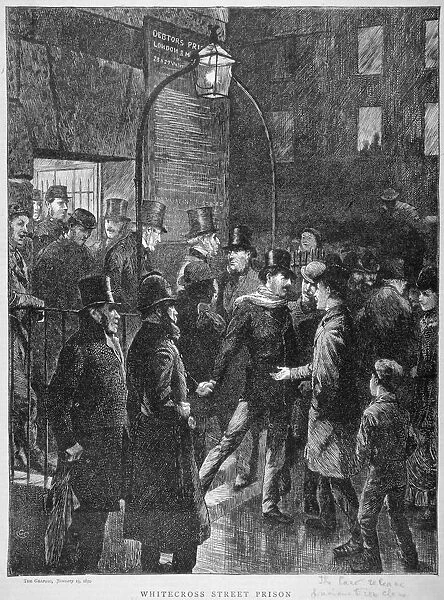 Scene at Whitecross Street Prison showing a release of prisoners, London, 1870. Artist