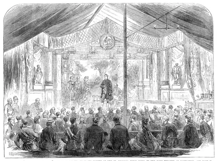 Framed Print : Scene from A Wonderful Woman, performed by the Dramatic Society of St. George's Rifle Corps..1865. Creator: Unknown Framed Print : Scene from A Wonderful Woman, performed by the Dramatic Society of St. George's Rifle Corps..1865. Creator: Unknown